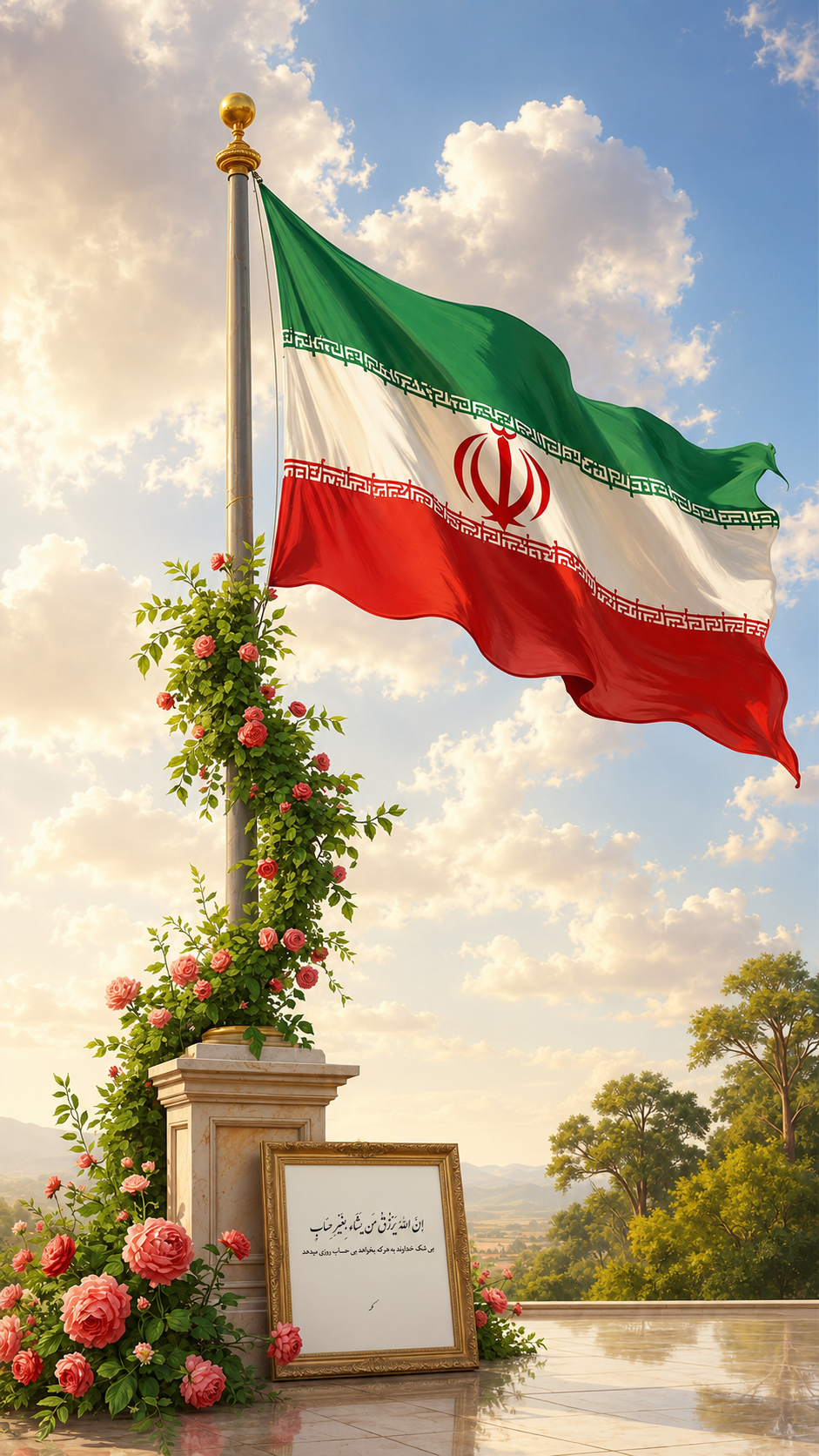 پرچم ایران در میان گل‌ها همراه با تابلوی خوشنویسی درباره اعتماد